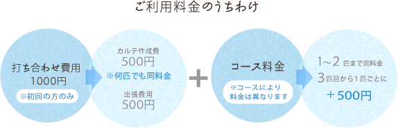 打ち合わせ費用の千円と、コース料金を足した総額がご利用料金となります。料金はコースにより異なります。リピーターの方は打ち合わせ費用は必要ありません。